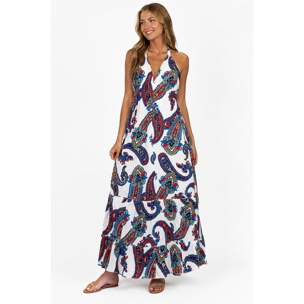 Wayan Natural Wear Paisley Halter Maxi Dress White Red Blue Tiered M
